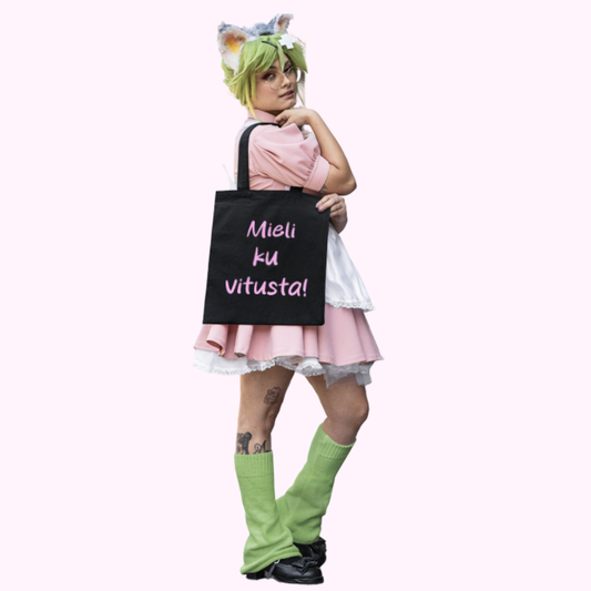 Kangaskassi "Mieli ku vitusta", pinkki teksti