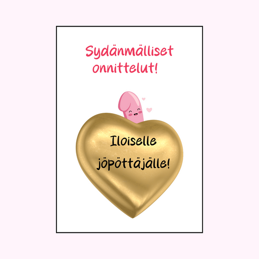 Postikortti "Sydänmälliset onnittelut iloiselle jöpöttäjälle!"
